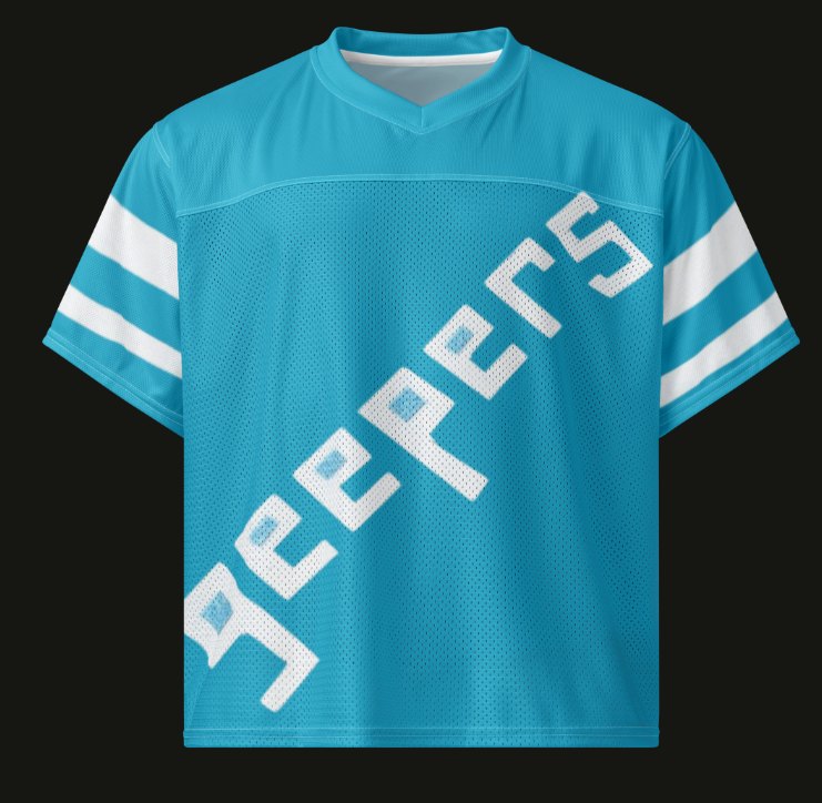 Turquoise mesh jersey with white striped sleeves and geepers across the front in white block letters