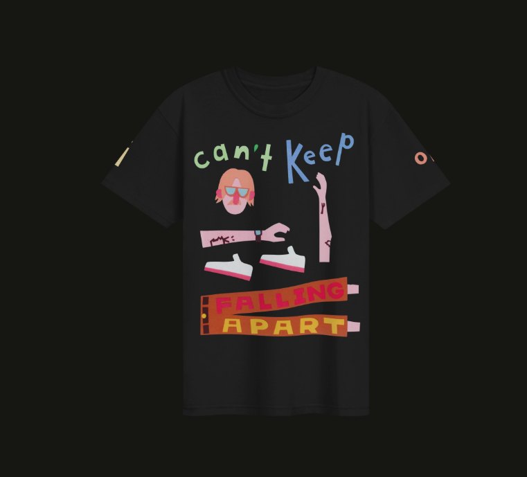 Black t-shirt printed with the cut-paper I Can't Keep On Falling Apart album art
